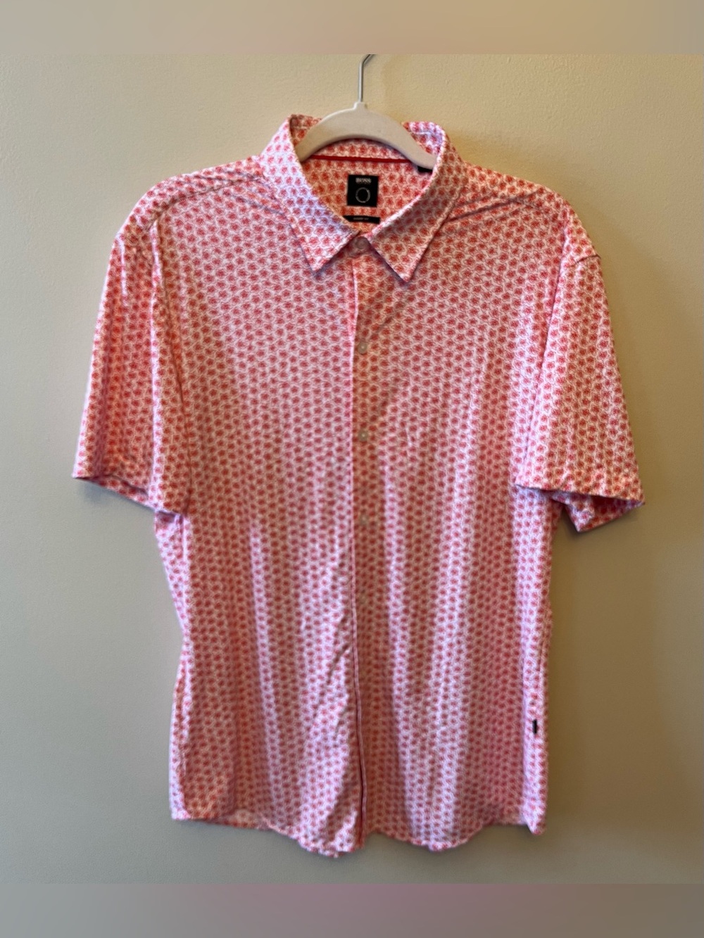 Boss Hugo Boss Floral Print Short Sleeve Button Down Large Sharp Fit Red White